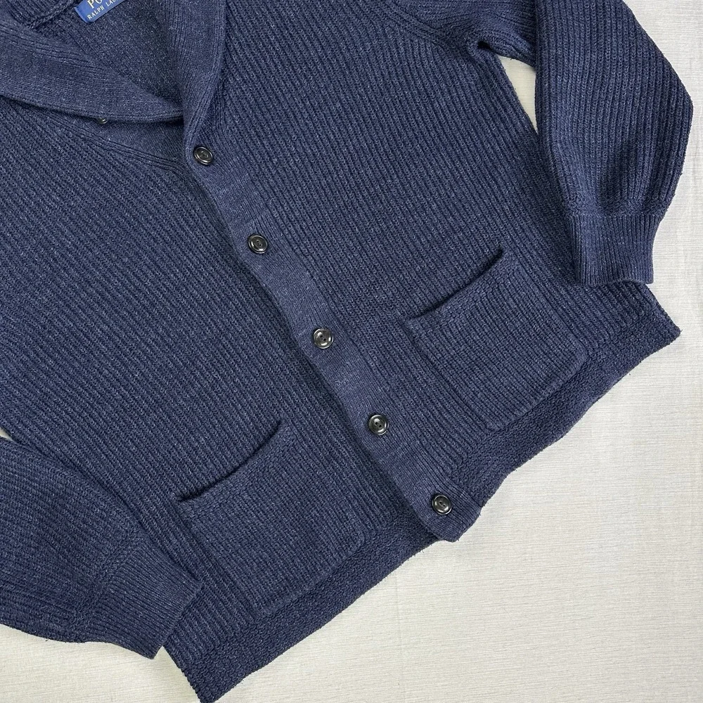 Polo Ralph Lauren Cardigan Shawl Collar Chunky Knit Sweater Men L Navy Blue
